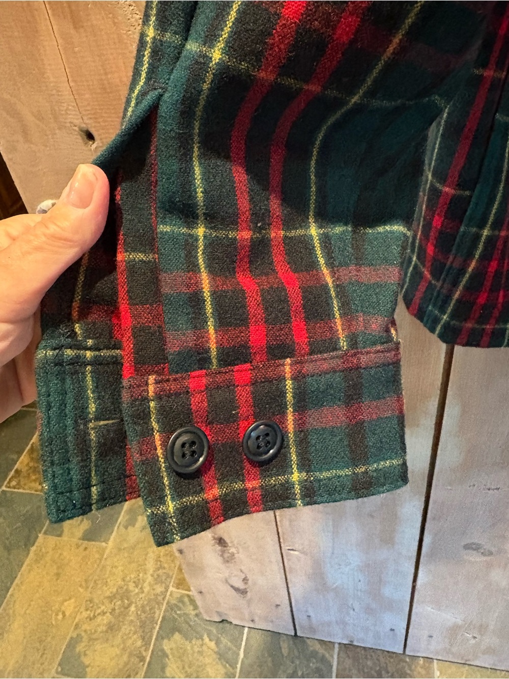 Filson Green Red Plaid Flannel Button-Down Shirt - Picture 4 of 5